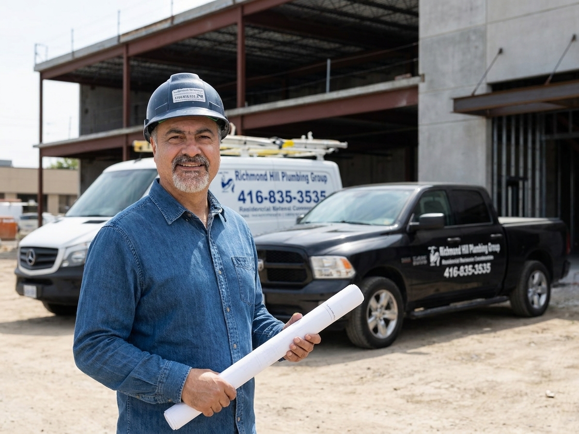 Ben Taghva, master plumber and owner of Richmond Hill Plumbing Group, on a commercial job site with the company service van and pickup truck
